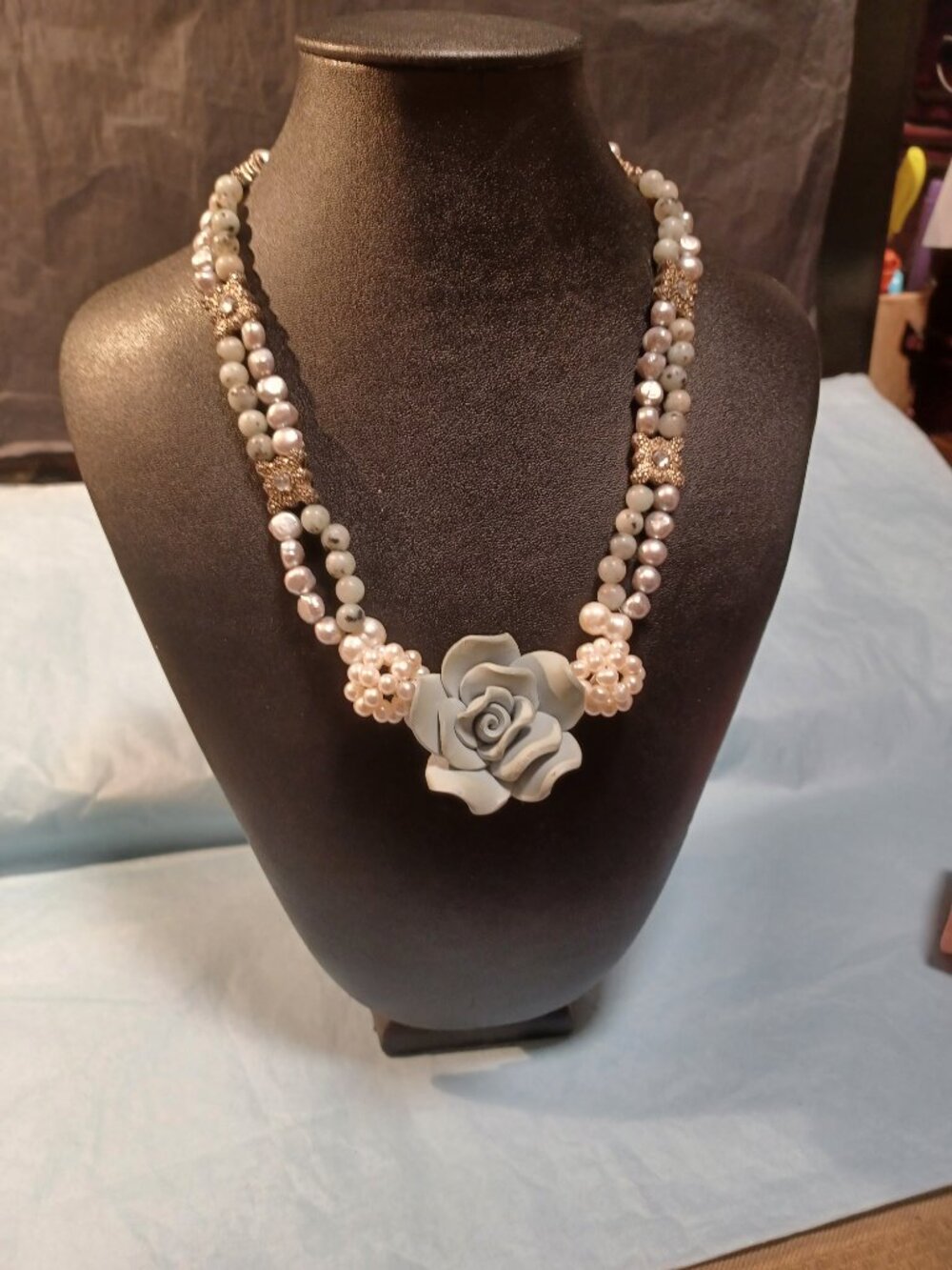 Dalmatian Jasper and Pearl necklace with a Fimo Rose Center Focal